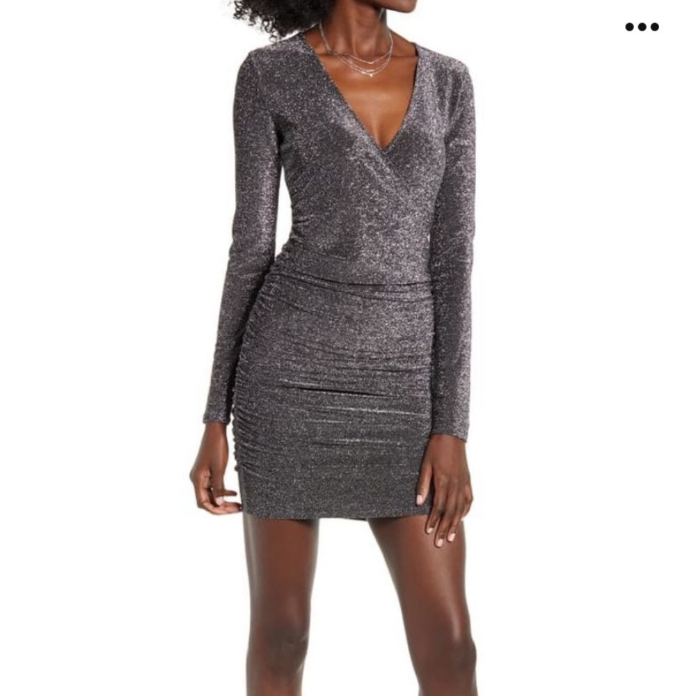 Leith Silver Metallic Ruche Long Sleeve Minidress Size Small